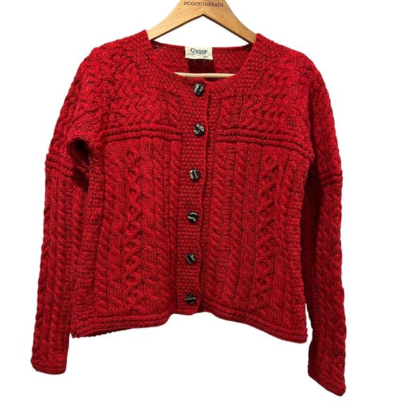 Carraig Donn Irish Wool Cable Knit Button Cardigan, Red, M - Picture 1 of 9